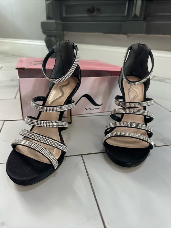 Nina Shoes - Nina Black Rhinestone Strappy Platform Stiletto Sandals Size 8.5M